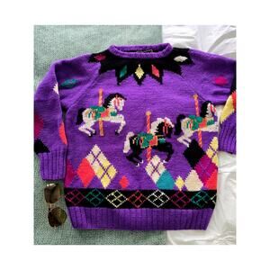 Rare Vintage Purple Berek pullover Carousel Horse Wool Handmade knit sweater L